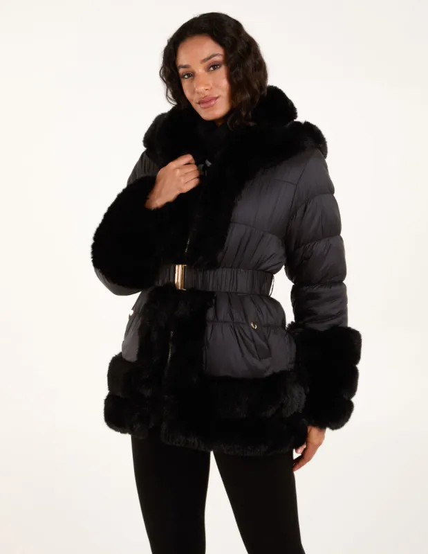 Faux Fur Trim Belted Puffer Coat sold by Blue Vanilla