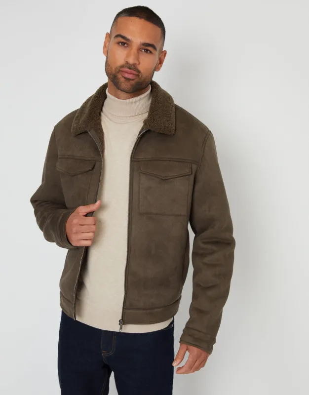 Men's Khaki Faux Suede Borg Lined Aviator Jacket sold by Threadbare
