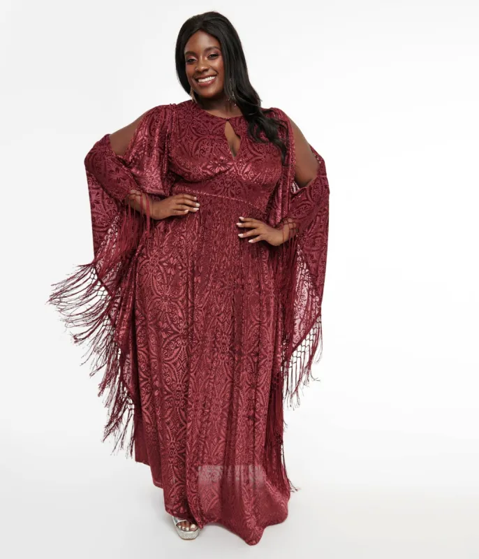 Unique Vintage Plus Size 1960s Burgundy Velvet Burnout Caftan sold by Unique Vintage