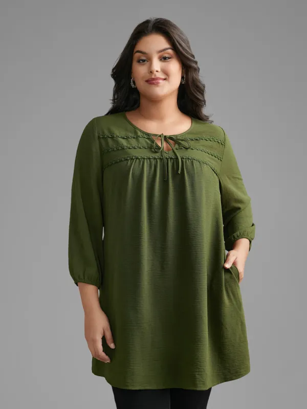 Woven Ribbon Tie Knot Gathered Blouse sold by Bloomchic