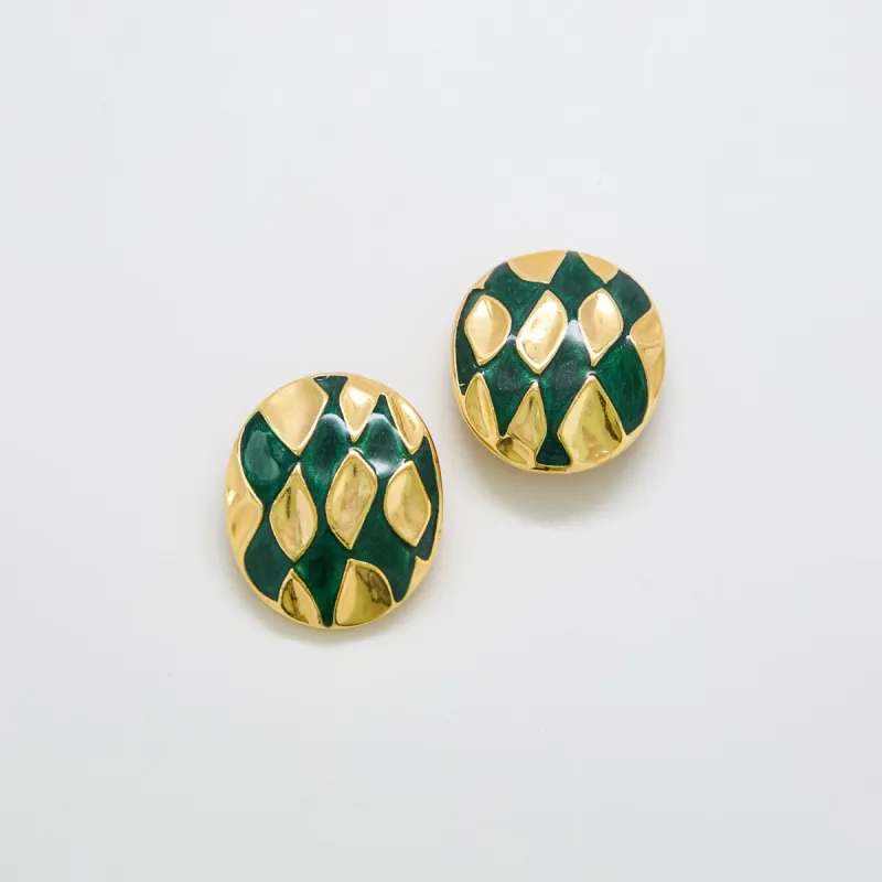 Vintage Abstract Green and Gold Oval Earrings sold by Admiral Row