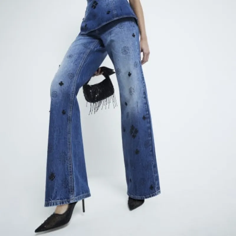 Blue Denim Relaxed Straight Embellished Jeans sold by River Island