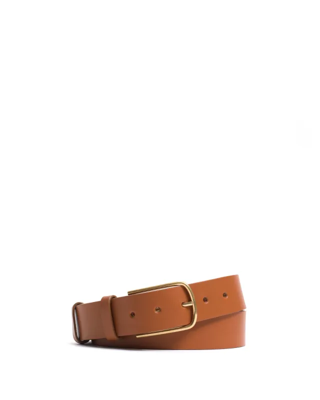 Whane simple unisex leather belt Vegetable tanned calf Caramel & gold buckle sold by Anonymous Copenhagen