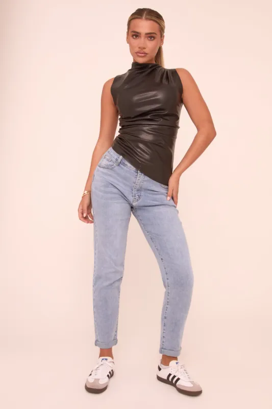Light Blue Stretch High Waist Turn Up Hem Mom Jeans - Corra sold by Rebellious Fashion