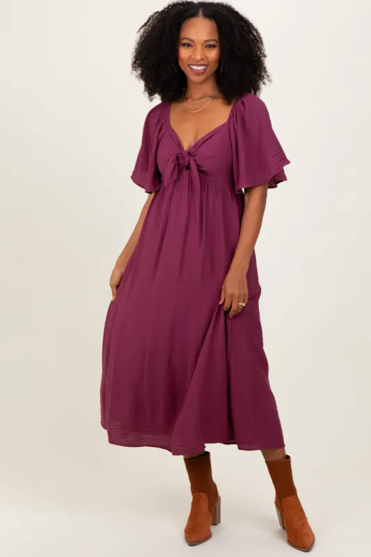Plum Front Tie Ruffle Sleeve Midi Dress sold by Pinkblush