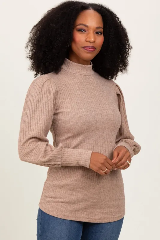 Mocha Ribbed Mock Neck Bubble Sleeve Top sold by Pinkblush