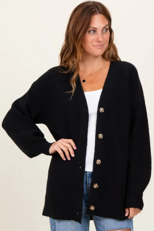 Black Knit Oversized Button Down V-Neck Cardigan sold by Pinkblush