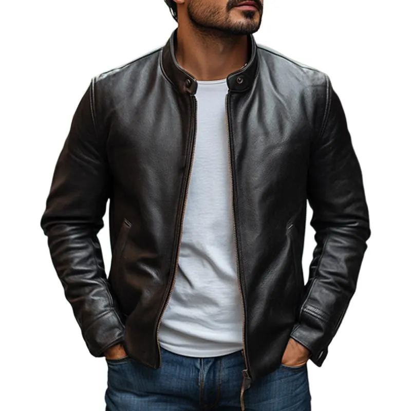 Men's Elegant Stand Collar Slim Zipper Leather Jacket 56943716M sold by Manly