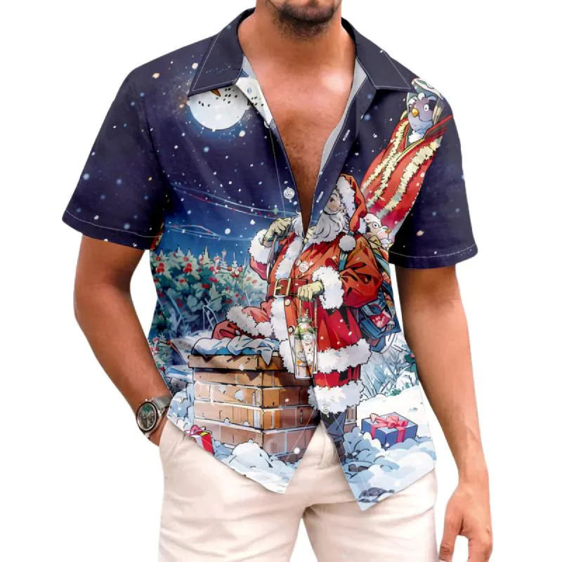 Men's Vintage Casual Santa Claus Christmas Lapel Short Sleeve Shirt 54407026TO sold by Manly