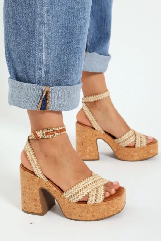 Alanni Chunky Multi Strap Platform Heel - Natural sold by Edgars