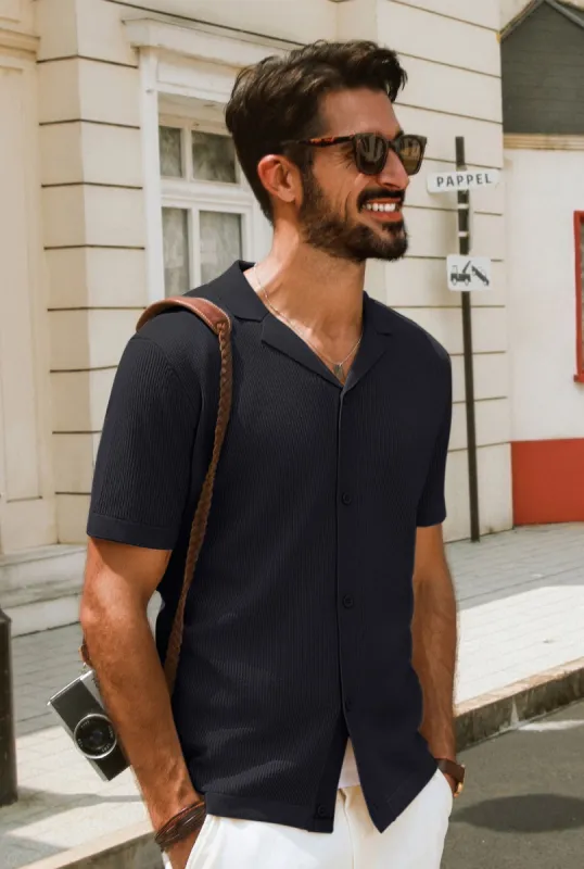 Men Textured Lapel Collar Cardigan Short Sleeve V-Neck Button-up Knitwear sold by Paul Jones