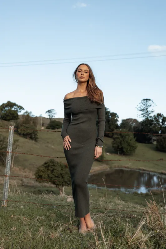 Archie Off The Shoulder Midi Dress - Olive sold by Petal & Pup