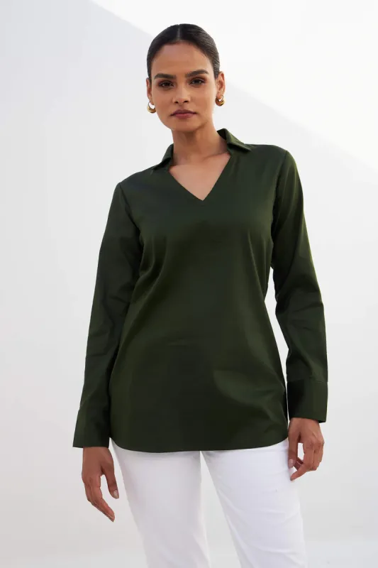 Allure-Olive Green Collared Long Top - Olive sold by Salt Attire