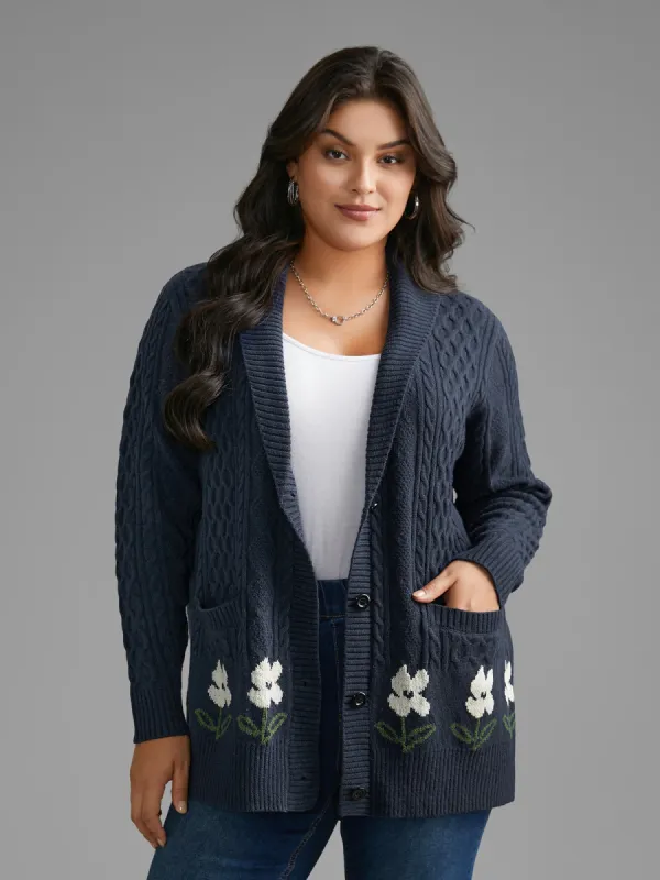 Floral Jacquard Cable Knit Pocket Cardigan sold by Bloomchic