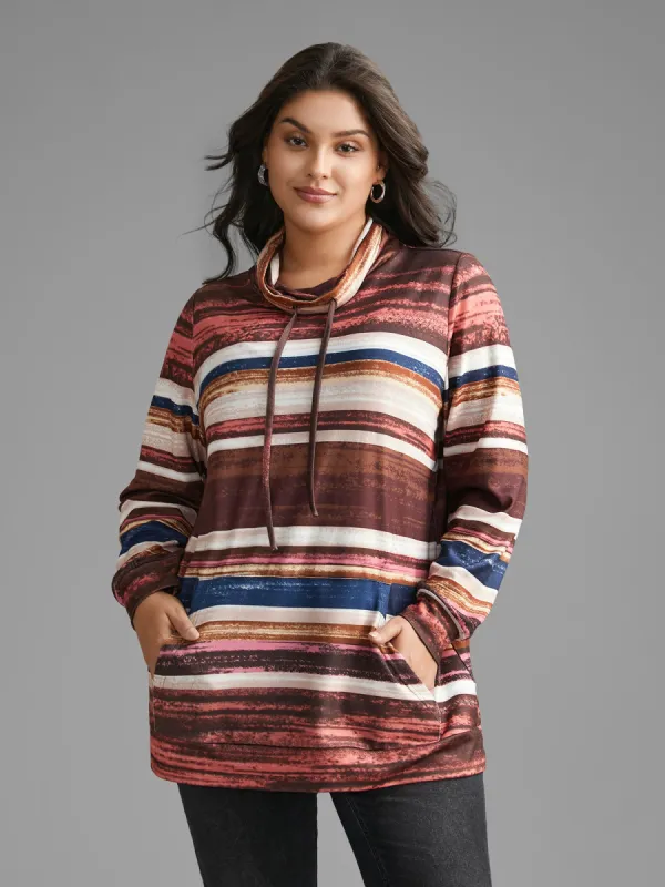 Striped Patched Pocket Drawstring Sweatshirt sold by Bloomchic