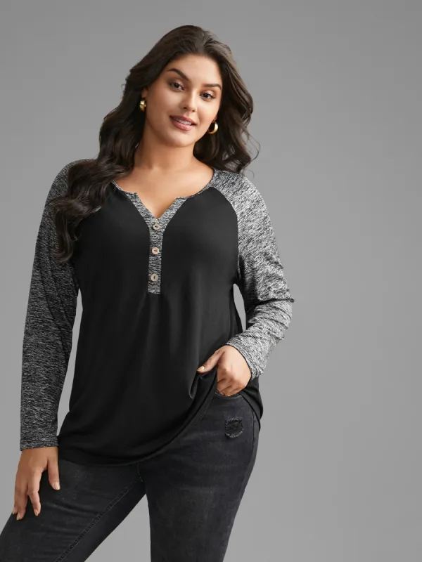Heather Patchwork Button Detail Stretchy T-Shirt sold by Bloomchic