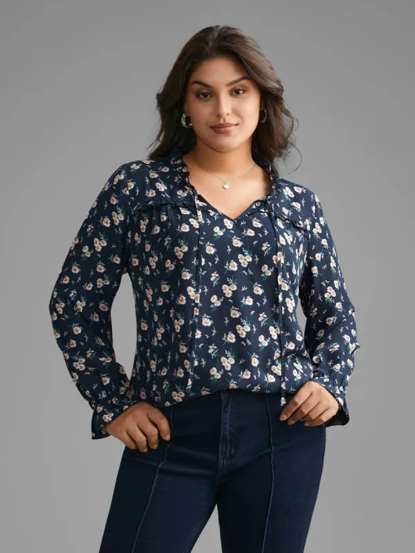 Floral Frill Trim Tie Knot Lantern Sleeve Blouse sold by Bloomchic