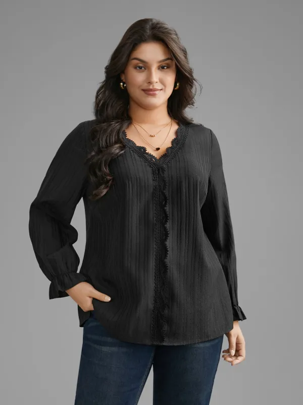 Textured Lace Patchwork Pleated Blouse sold by Bloomchic