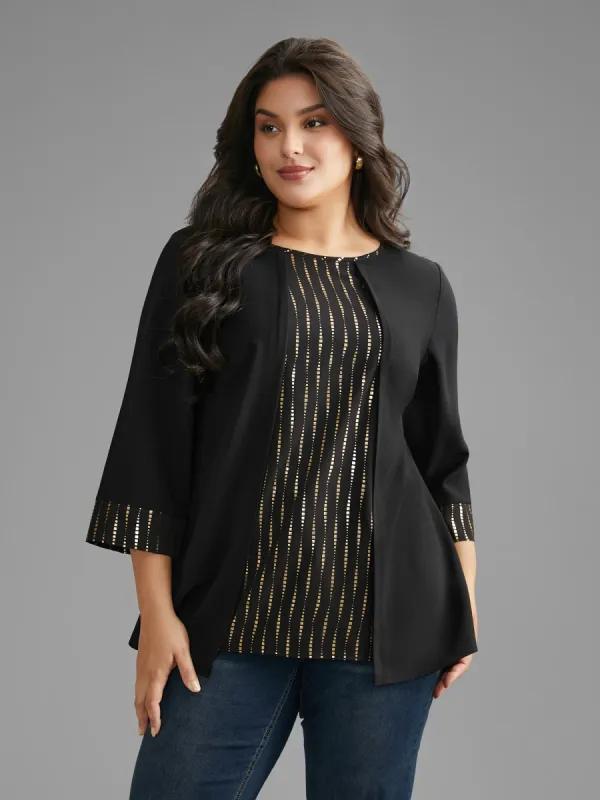 Crew Neck Glitter Patchwork Contrast Blouse sold by Bloomchic