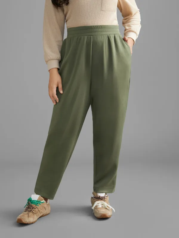 Solid Elastic Waist Mid Rise Pants sold by Bloomchic