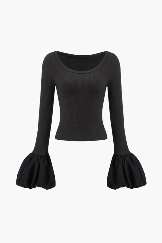 Puff Sleeve Patchwork Longærme top sold by Micas