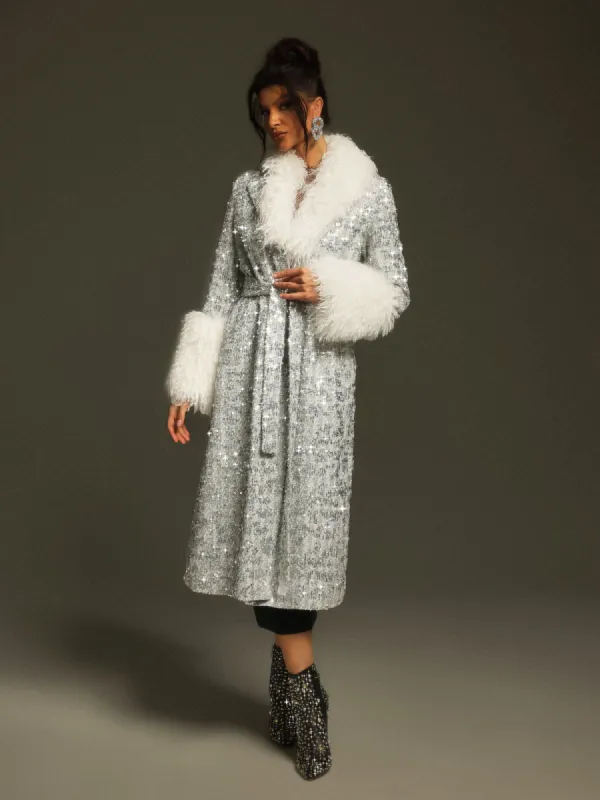 Panue Faux Fur Collar Sequin Coat sold by Mew Mews