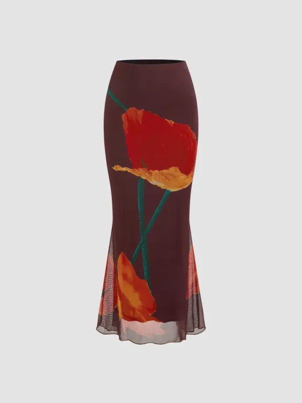 Mesh Mid Rise Floral Maxi Skirt sold by Cider