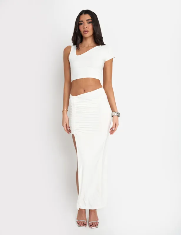 Slinky Asymmetric Ruched Maxi Skirt Co Ord White sold by Public Desire