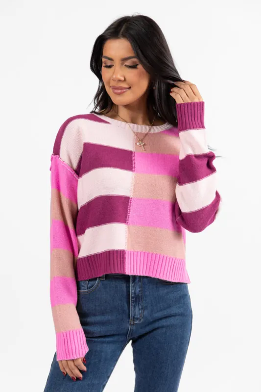 Take Your Time Pink and Berry Multi Color Block Striped Crop Sweater FINAL SALE sold by Pink Lily