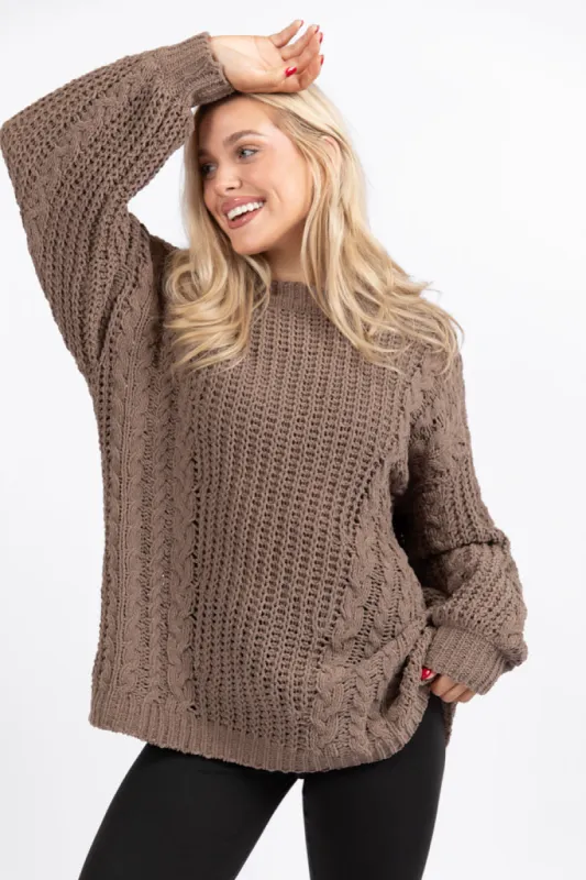 Wide Open Spaces Mocha Oversized Chenille Crew Neck Sweater FINAL SALE sold by Pink Lily