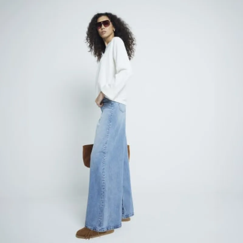 Blue Denim Mid Rise Wide Leg Jeans sold by River Island
