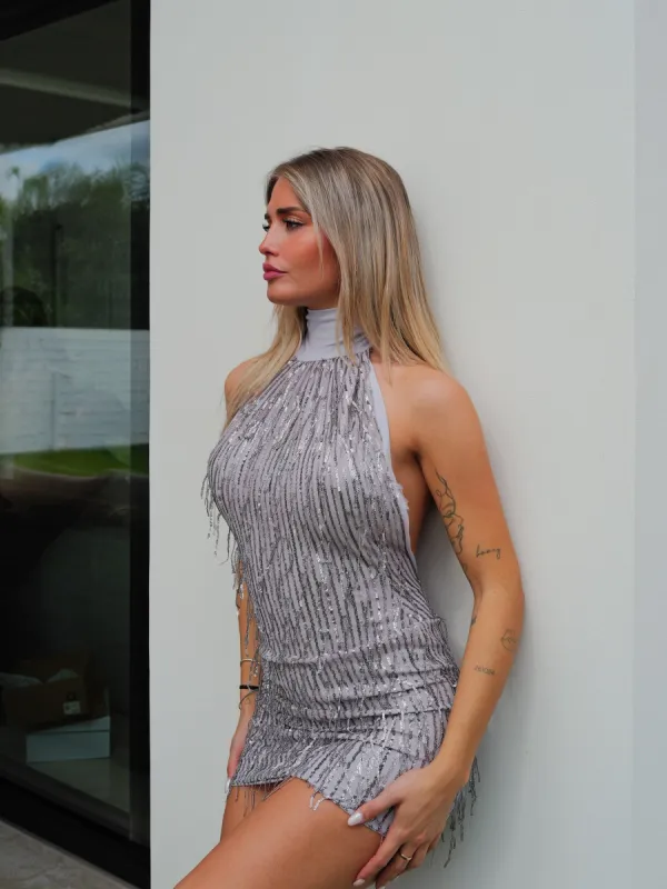 Vestido mini glitter flecos plata sold by Sorellas