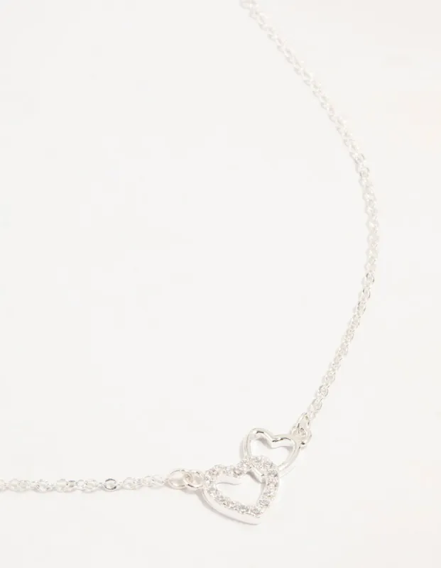 Silver Cubic Zirconia Open Double Heart Necklace sold by lovisa