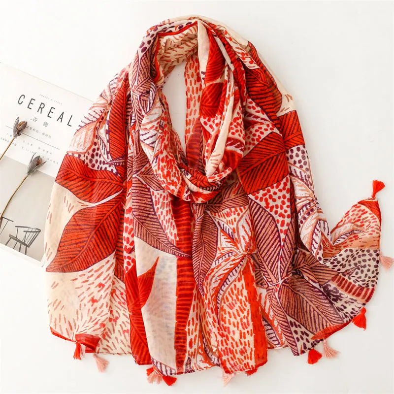 Orange-Red Leaf Floral Silk Scarf Shawl sold by superladystar
