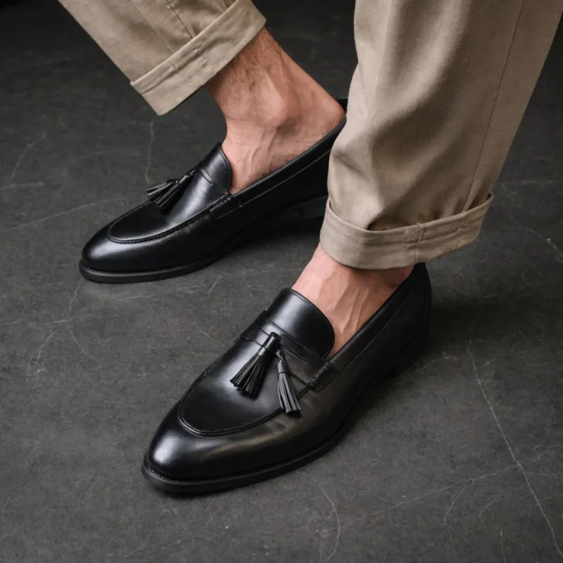 Black Leather Belize Chunky Tassel Loafers - With Track Soles - AW24 sold by Costoso Italiano