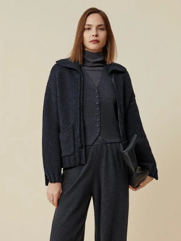 Amoretu 64% Wool Lapel Long Sleeve Zip-Up Knit Cardigan sold by Amoretu