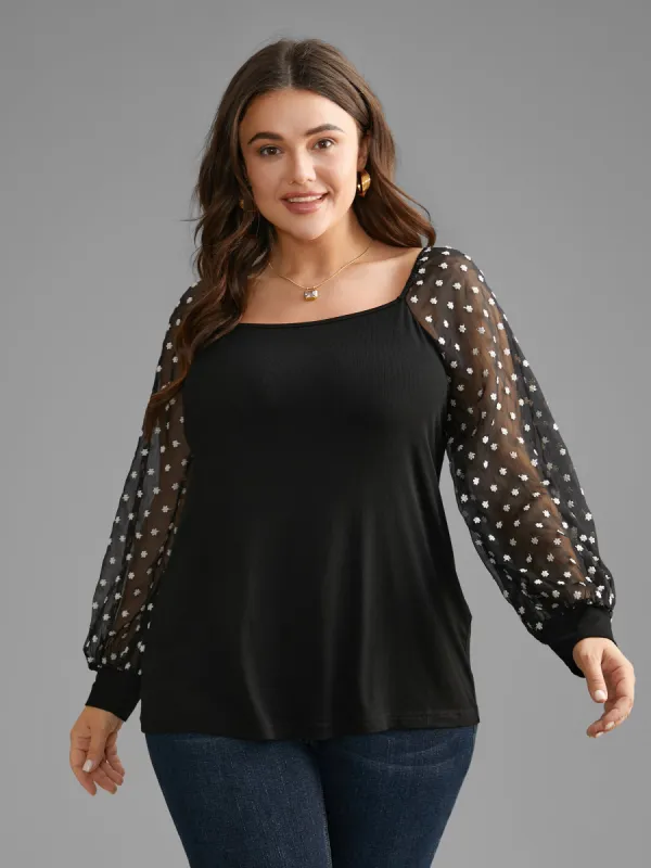 Square Neck Floral Embroidered Patchwork Mesh T-shirt sold by Bloomchic