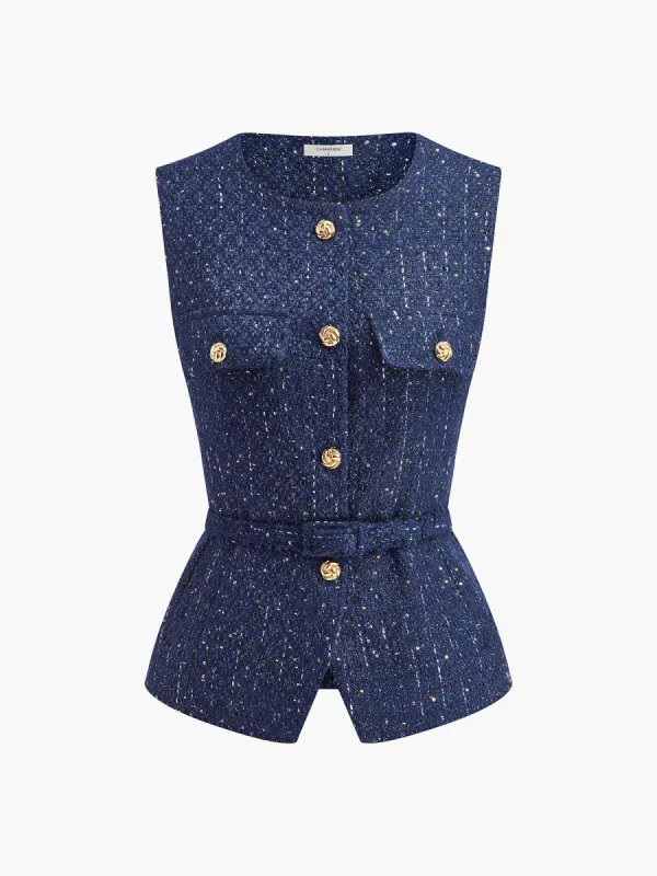Sequins Button Belted Tweed Vest sold by COMMENSE