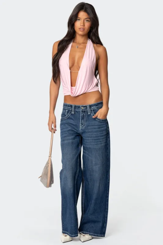Contrast Stitch Low Rise Boyfriend Jeans sold by Edikted