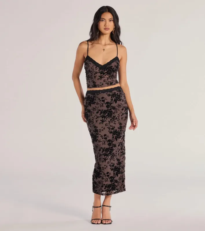 Luxe Touch Flocked Velvet Midi Skirt sold by Windsor