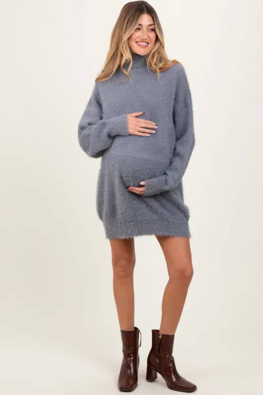Cream Fuzzy Knit Turtleneck Maternity Sweater Mini Dress sold by Pinkblush