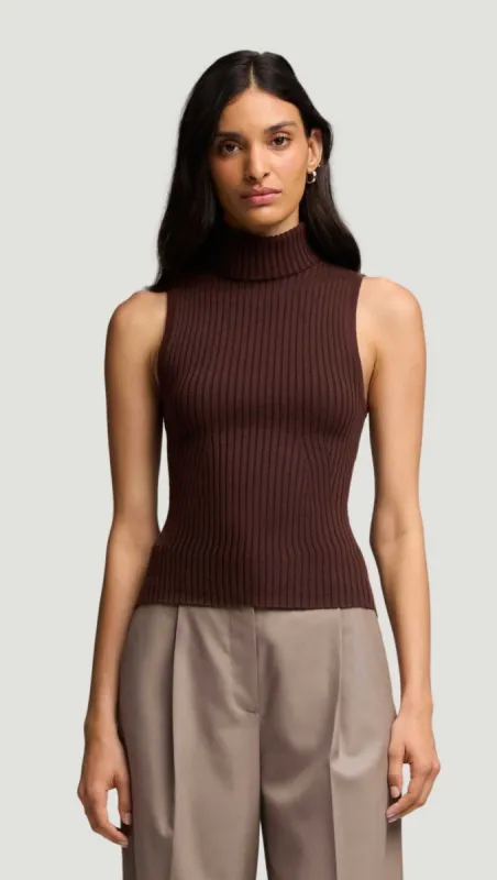Sleeveless Turtleneck in Stretch Wool | Chocolate sold by Argent