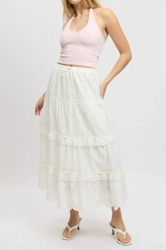 White Maxi Skirt High Waisted Tiered Broidery Eyelet sold by Ally Fashion