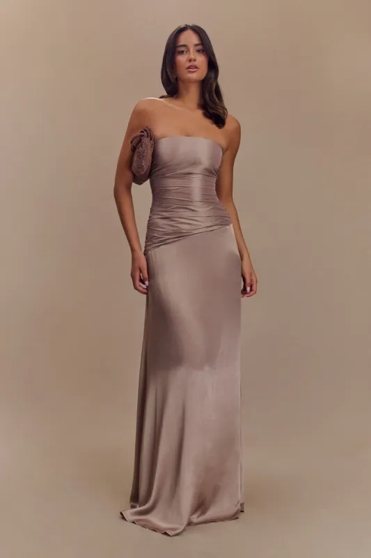 Serena Strapless Taffeta Maxi Dress - Bronze Taupe sold by Meshki