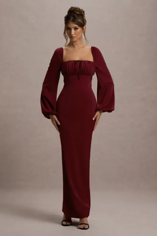 Nika | Berry Satin Square-Neck Balloon-Sleeve Maxi Dress sold by Club L London