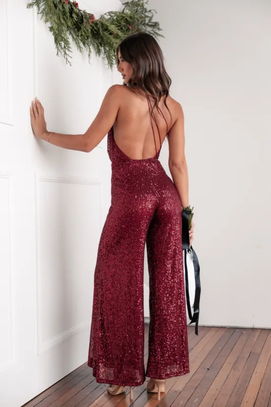 Khianna Sequin One Shoulder Jumpsuit - Red sold by Petal & Pup