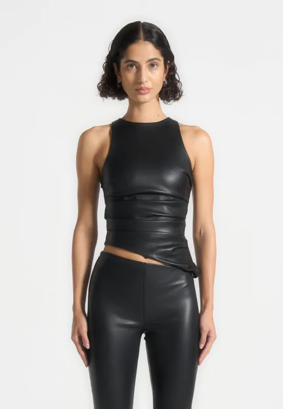 Yolande - Leather Asymmetric Tacked Racer Top - Black sold by Maniere De Voir