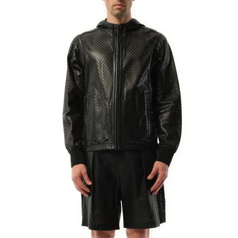 Leather Hooded Jacket in Black sold by MARAIS