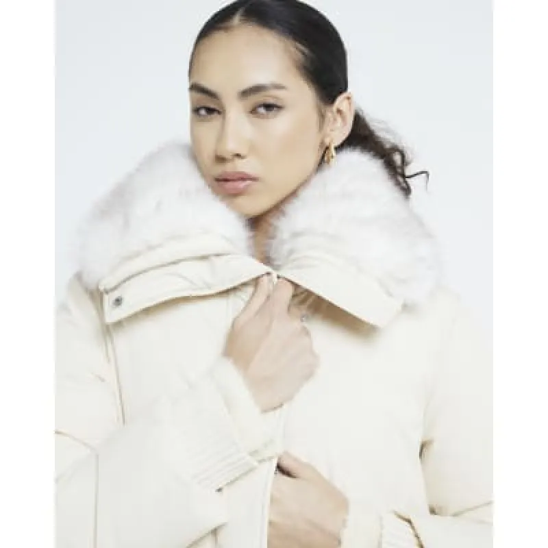 Cream Faux Fur Collar Puffer Jacket sold by River Island