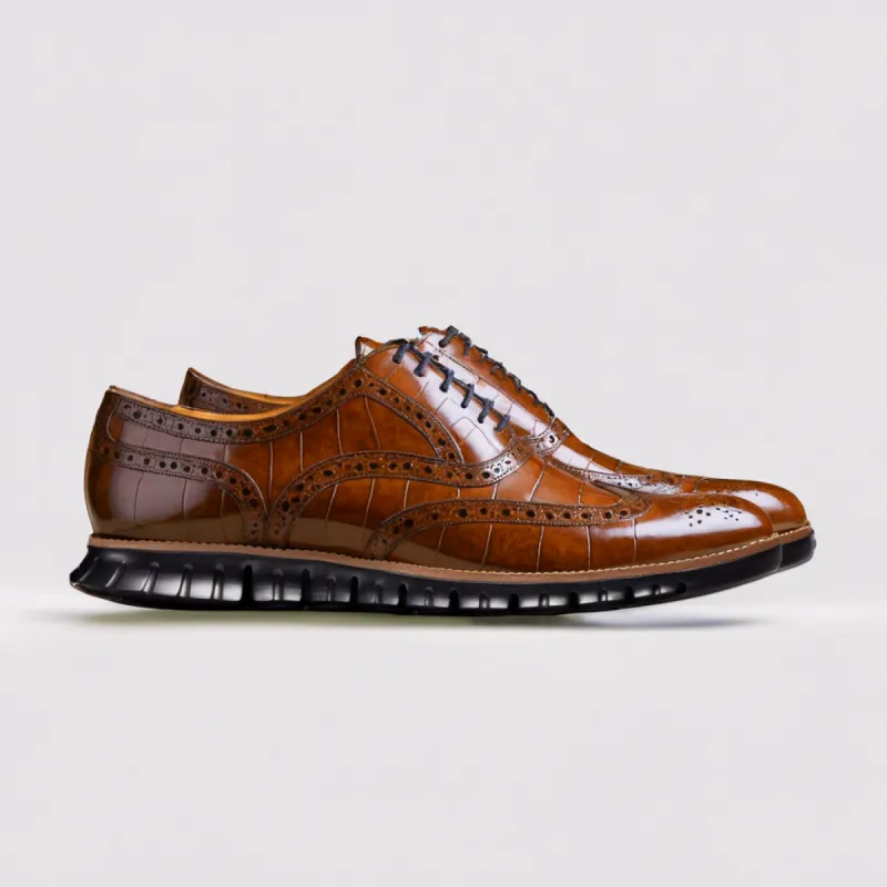 Tan Croc Print Leather Everett Lace Up Oxfords with Black Hybrid Sole - SS23 sold by Costoso Italiano